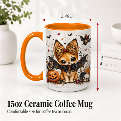 #pl[15oz|Orange] Cute Halloween Fox Ceramic Coffee Cup, Mug with Bat Wing Artwork
