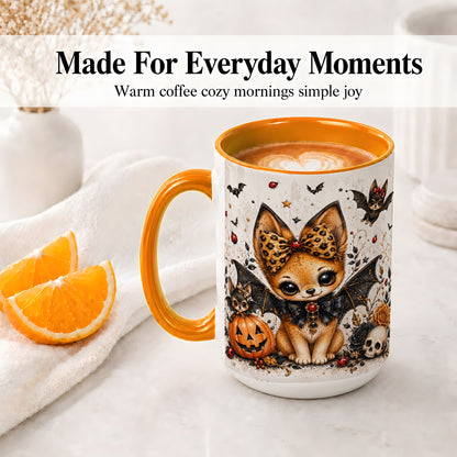#pl[15oz|Orange] Cute Halloween Fox Ceramic Coffee Cup, Mug with Bat Wing Artwork