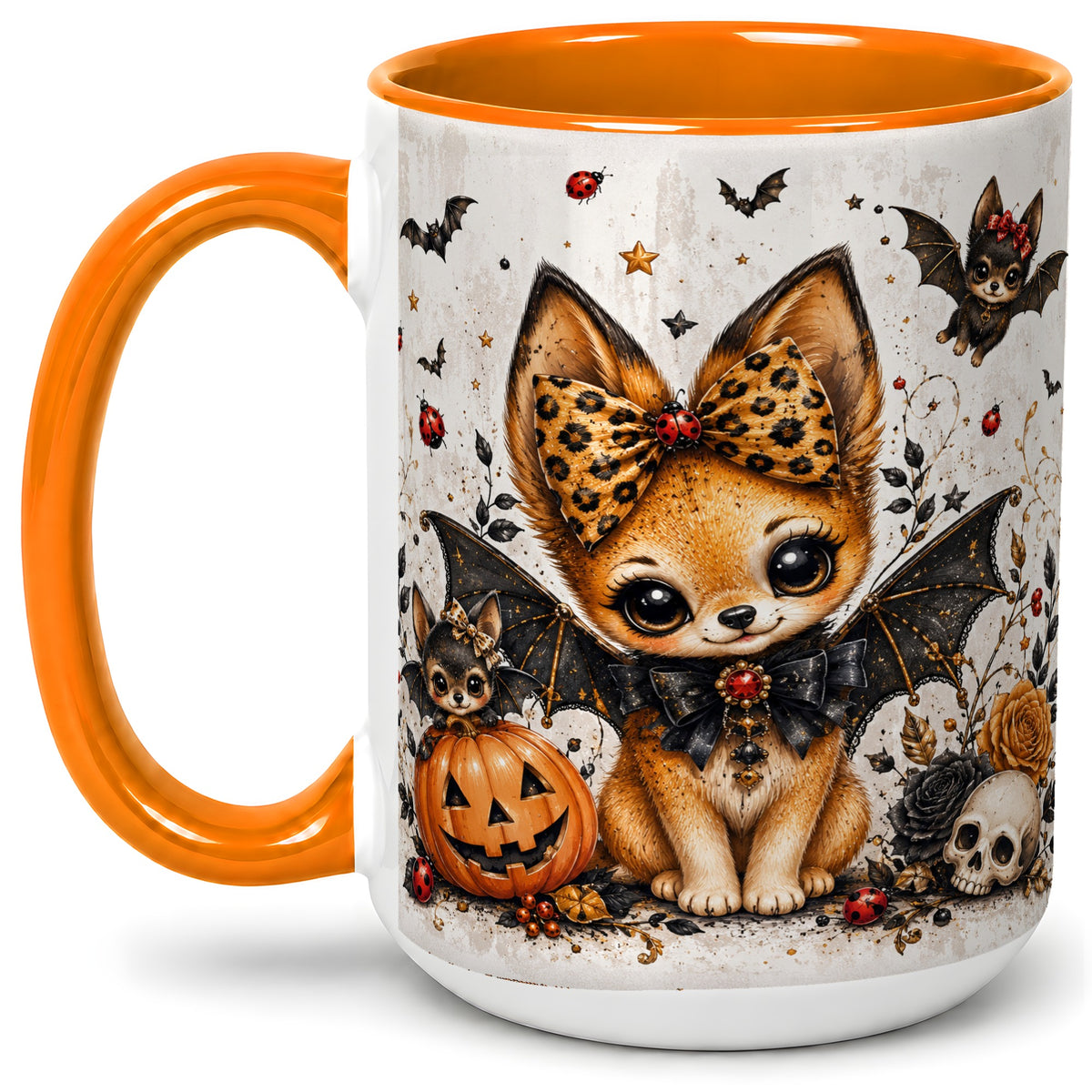 #pl[15oz|Orange] Cute Halloween Fox Ceramic Coffee Cup, Mug with Bat Wing Artwork