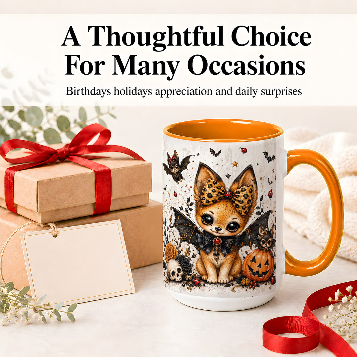 #pl[15oz|Orange] Cute Halloween Fox Ceramic Coffee Cup, Mug with Bat Wing Artwork