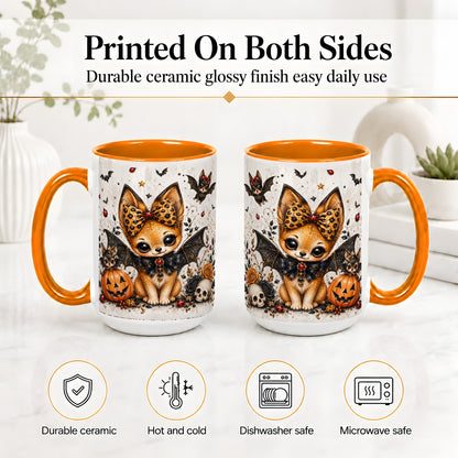#pl[15oz|Orange] Cute Halloween Fox Ceramic Coffee Cup, Mug with Bat Wing Artwork