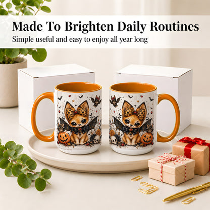 #pl[15oz|Orange] Cute Halloween Fox Ceramic Coffee Cup, Mug with Bat Wing Artwork