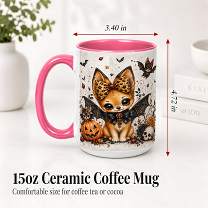 #pl[15oz|Pink] Cute Halloween Fox Ceramic Coffee Cup, Mug with Bat Wing Artwork