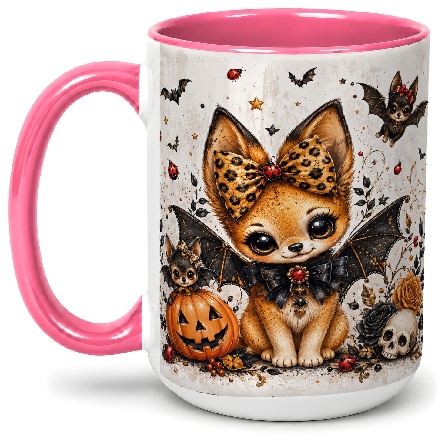 #pl[15oz|Pink] Cute Halloween Fox Ceramic Coffee Cup, Mug with Bat Wing Artwork