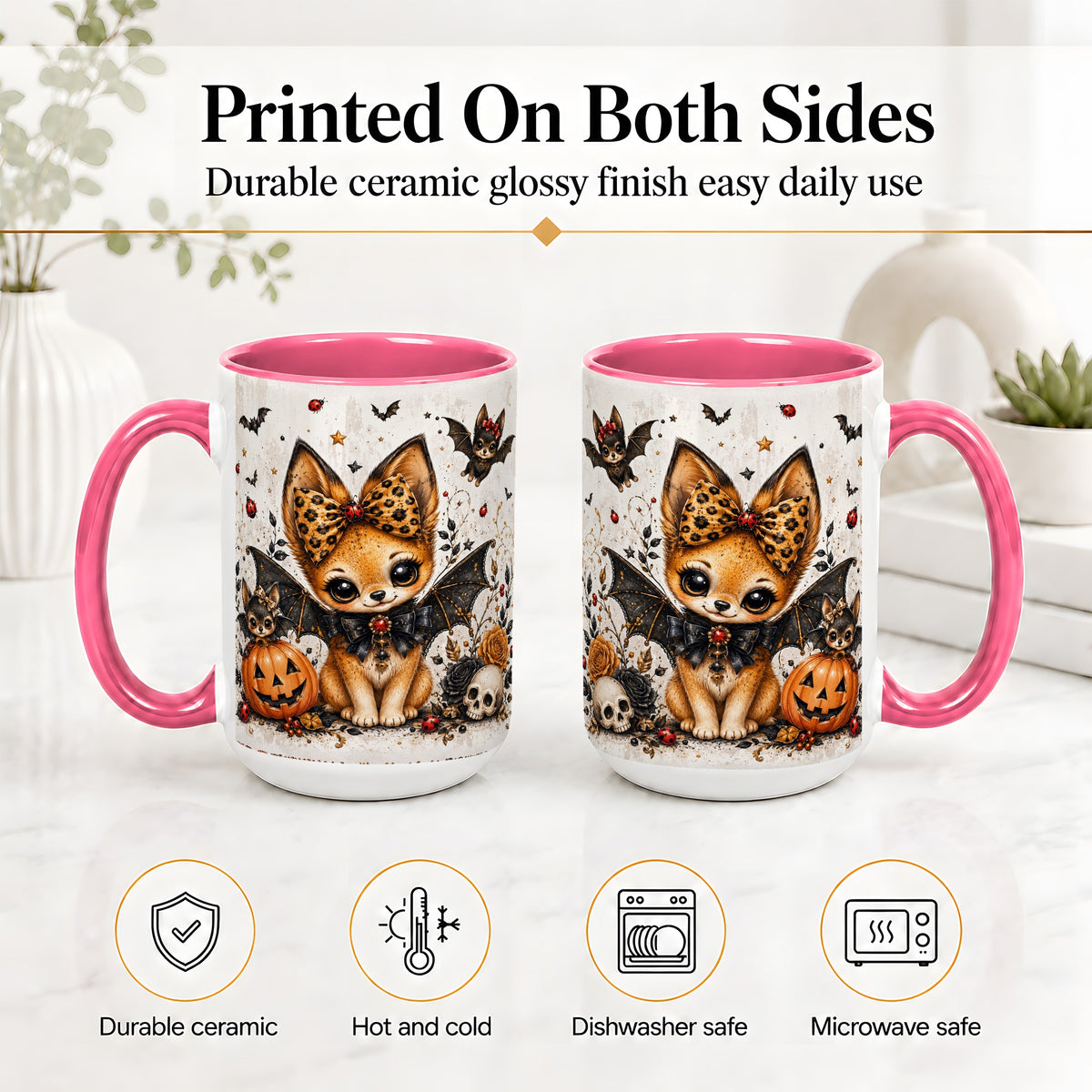 #pl[15oz|Pink] Cute Halloween Fox Ceramic Coffee Cup, Mug with Bat Wing Artwork