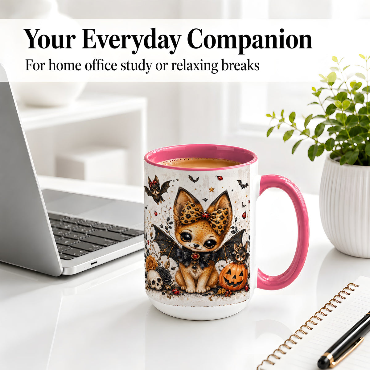 #pl[15oz|Pink] Cute Halloween Fox Ceramic Coffee Cup, Mug with Bat Wing Artwork