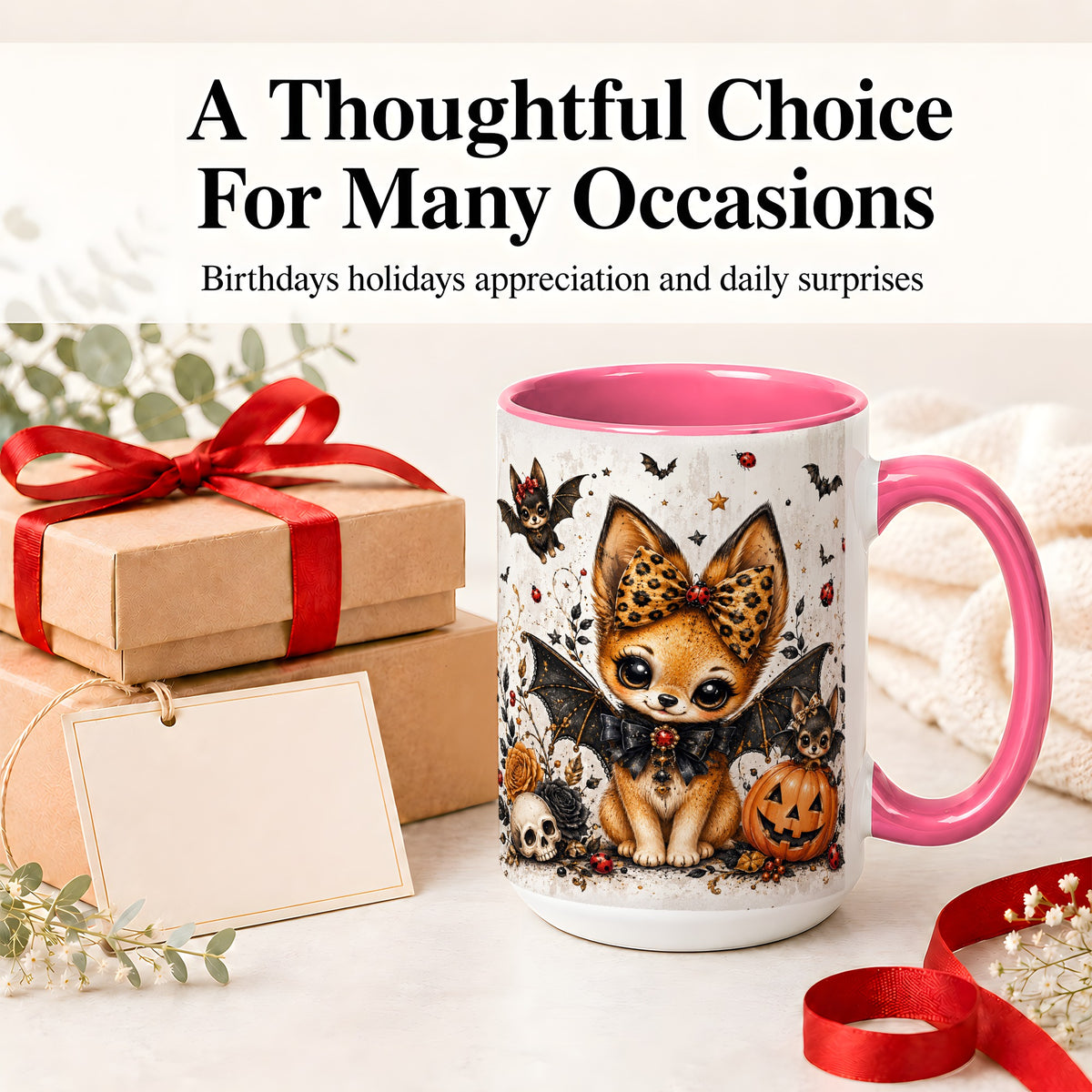 #pl[15oz|Pink] Cute Halloween Fox Ceramic Coffee Cup, Mug with Bat Wing Artwork