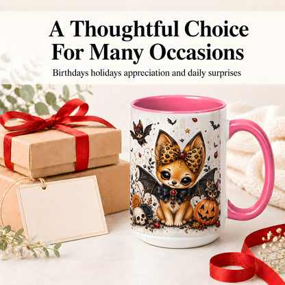 #pl[15oz|Pink] Cute Halloween Fox Ceramic Coffee Cup, Mug with Bat Wing Artwork