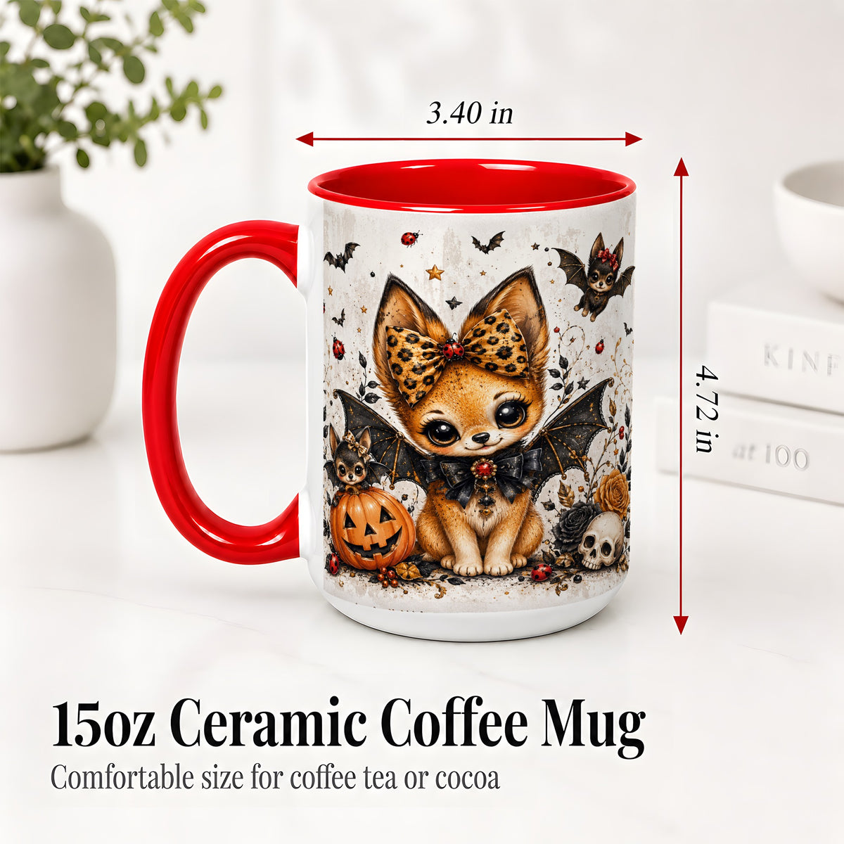 #pl[15oz|Red] Cute Halloween Fox Ceramic Coffee Cup, Mug with Bat Wing Artwork