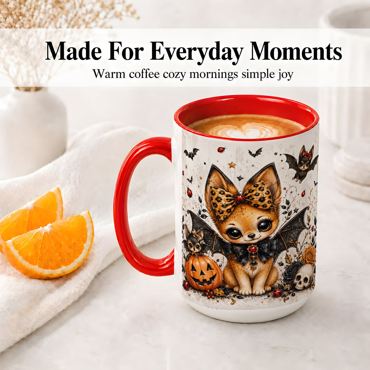 #pl[15oz|Red] Cute Halloween Fox Ceramic Coffee Cup, Mug with Bat Wing Artwork