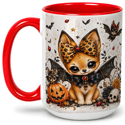 #pl[15oz|Red] Cute Halloween Fox Ceramic Coffee Cup, Mug with Bat Wing Artwork