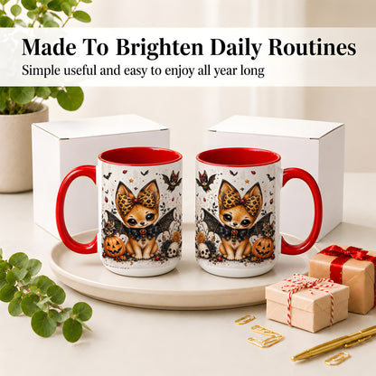 #pl[15oz|Red] Cute Halloween Fox Ceramic Coffee Cup, Mug with Bat Wing Artwork