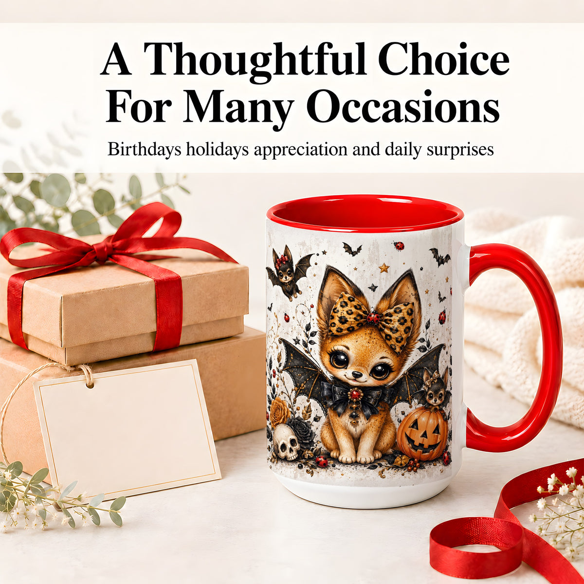 #pl[15oz|Red] Cute Halloween Fox Ceramic Coffee Cup, Mug with Bat Wing Artwork