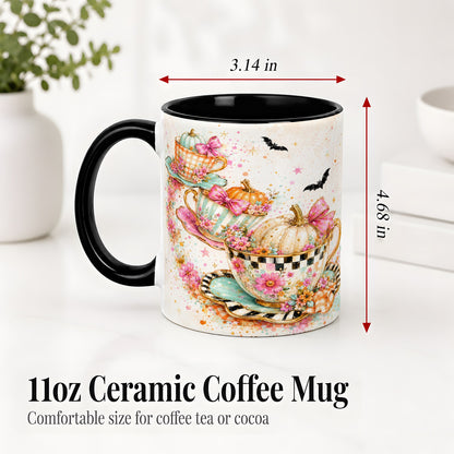 #pl[11oz|Black] Pumpkin Tea Cup Ceramic Coffee Cup, Mug with Floral Bow Artwork