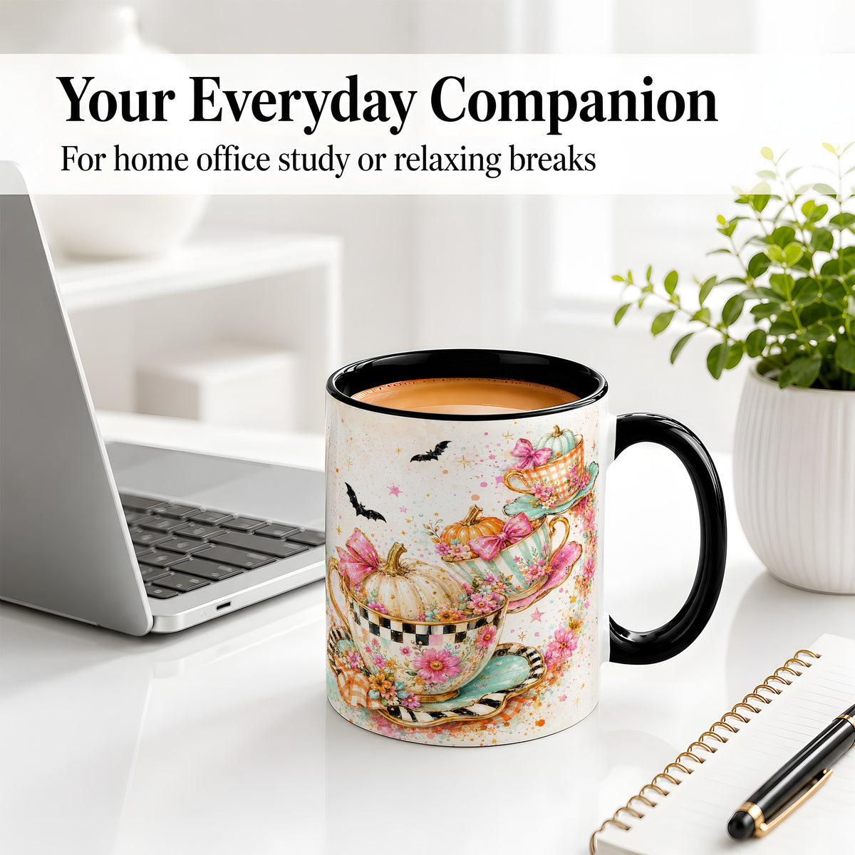 #pl[11oz|Black] Pumpkin Tea Cup Ceramic Coffee Cup, Mug with Floral Bow Artwork