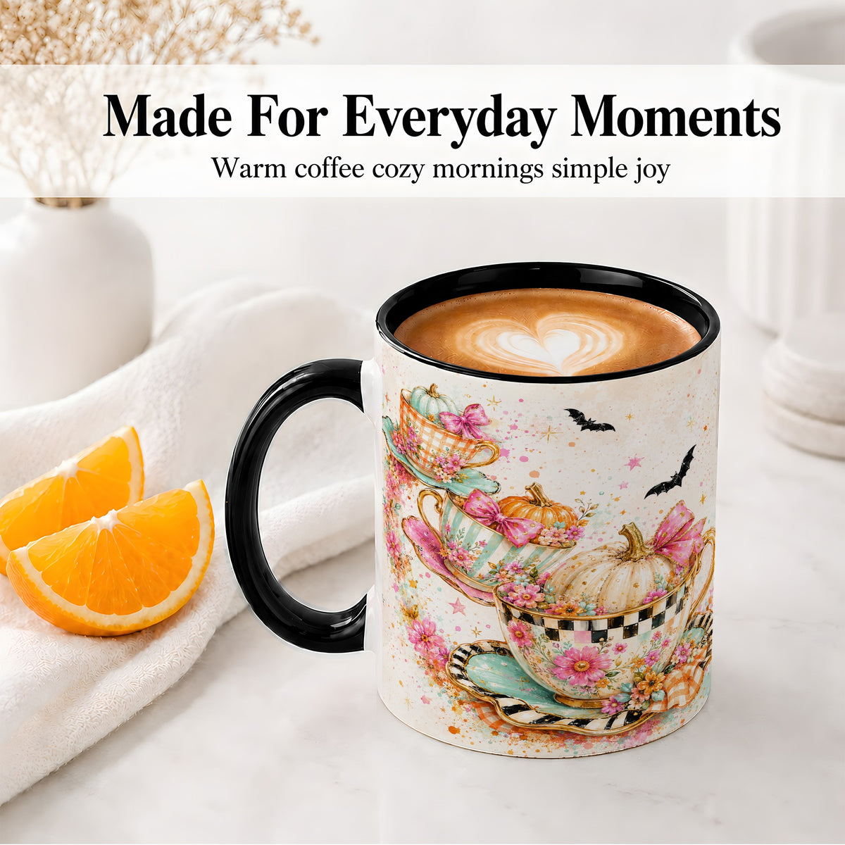 #pl[11oz|Black] Pumpkin Tea Cup Ceramic Coffee Cup, Mug with Floral Bow Artwork