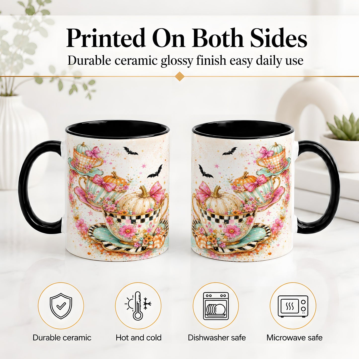 #pl[11oz|Black] Pumpkin Tea Cup Ceramic Coffee Cup, Mug with Floral Bow Artwork
