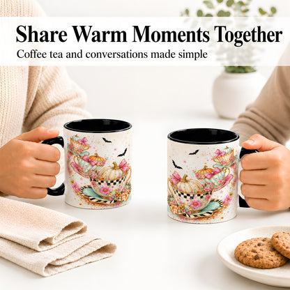 #pl[11oz|Black] Pumpkin Tea Cup Ceramic Coffee Cup, Mug with Floral Bow Artwork