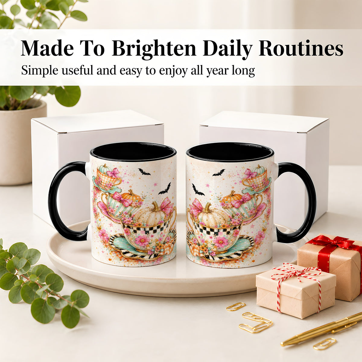 #pl[11oz|Black] Pumpkin Tea Cup Ceramic Coffee Cup, Mug with Floral Bow Artwork