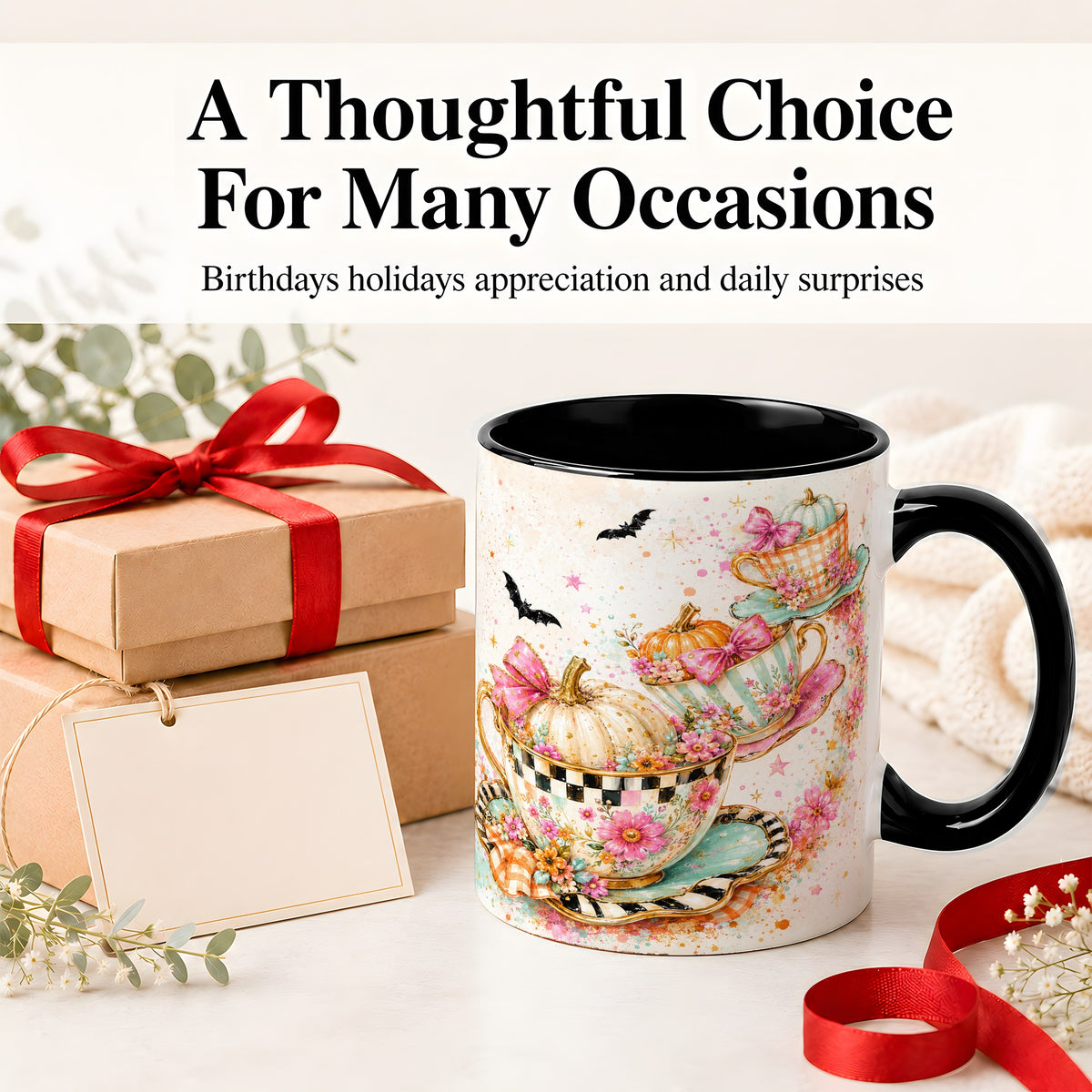 #pl[11oz|Black] Pumpkin Tea Cup Ceramic Coffee Cup, Mug with Floral Bow Artwork