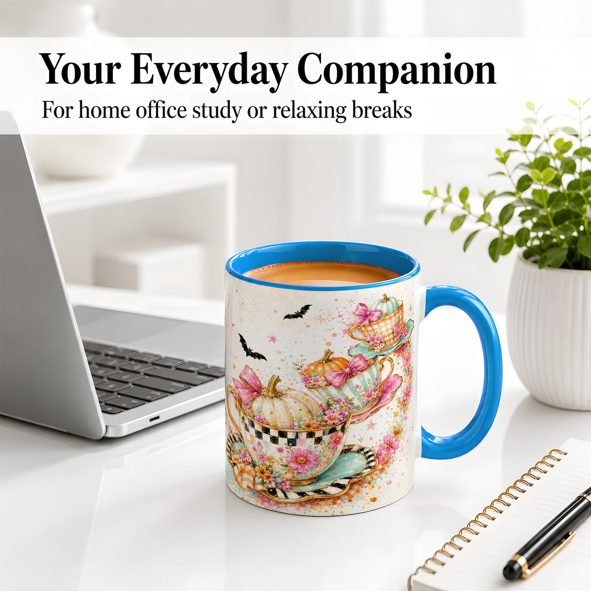 #pl[11oz|Blue] Pumpkin Tea Cup Ceramic Coffee Cup, Mug with Floral Bow Artwork