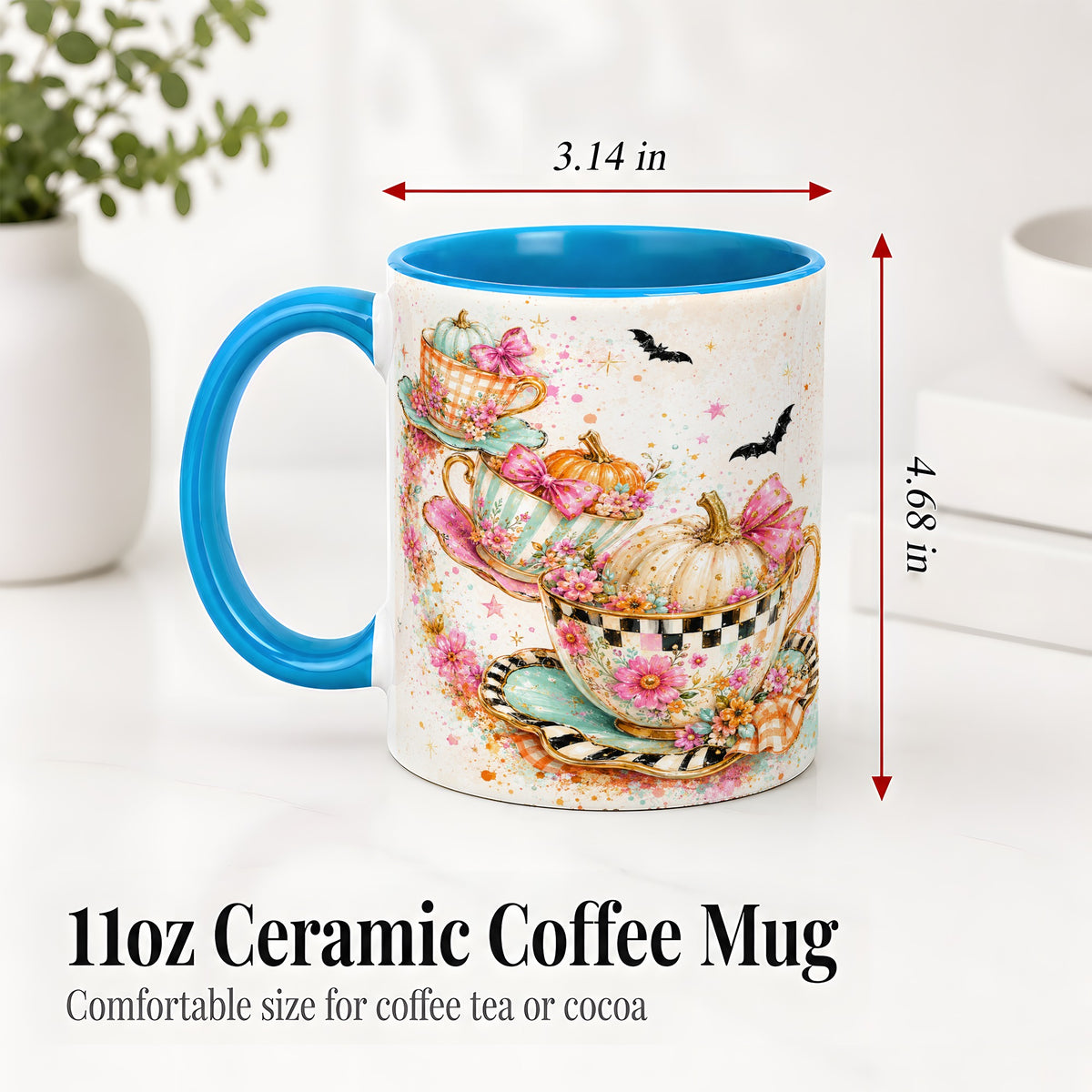 #pl[11oz|Blue] Pumpkin Tea Cup Ceramic Coffee Cup, Mug with Floral Bow Artwork