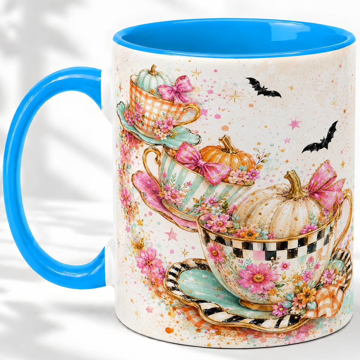 #pl[11oz|Blue] Pumpkin Tea Cup Ceramic Coffee Cup, Mug with Floral Bow Artwork