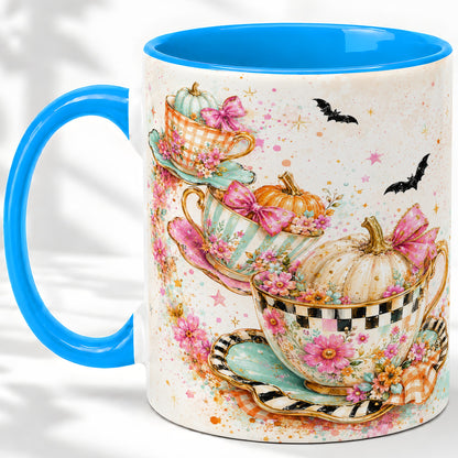 #pl[11oz|Blue] Pumpkin Tea Cup Ceramic Coffee Cup, Mug with Floral Bow Artwork