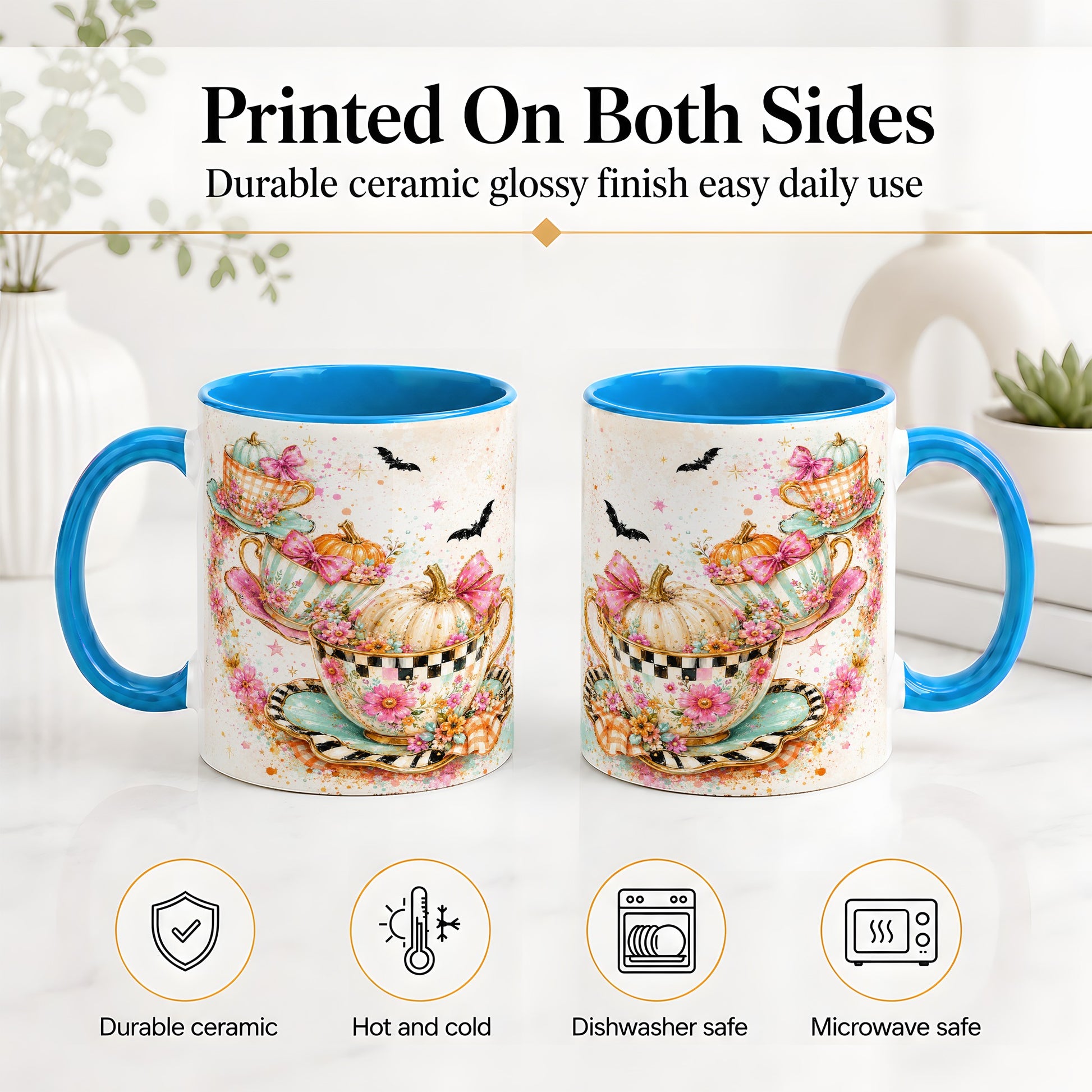 #pl[11oz|Blue] Pumpkin Tea Cup Ceramic Coffee Cup, Mug with Floral Bow Artwork