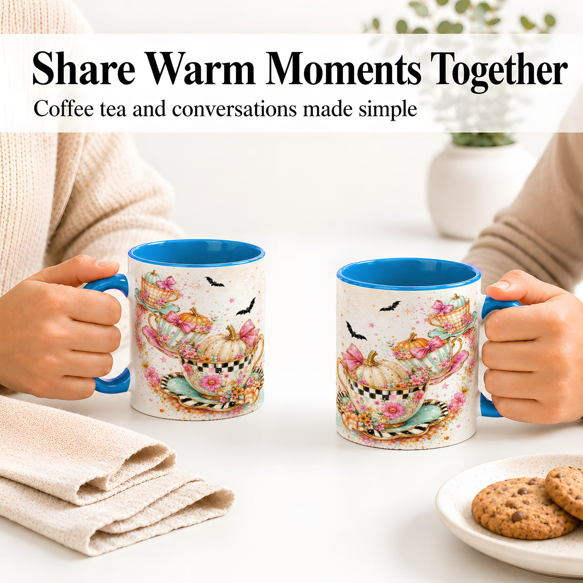 #pl[11oz|Blue] Pumpkin Tea Cup Ceramic Coffee Cup, Mug with Floral Bow Artwork