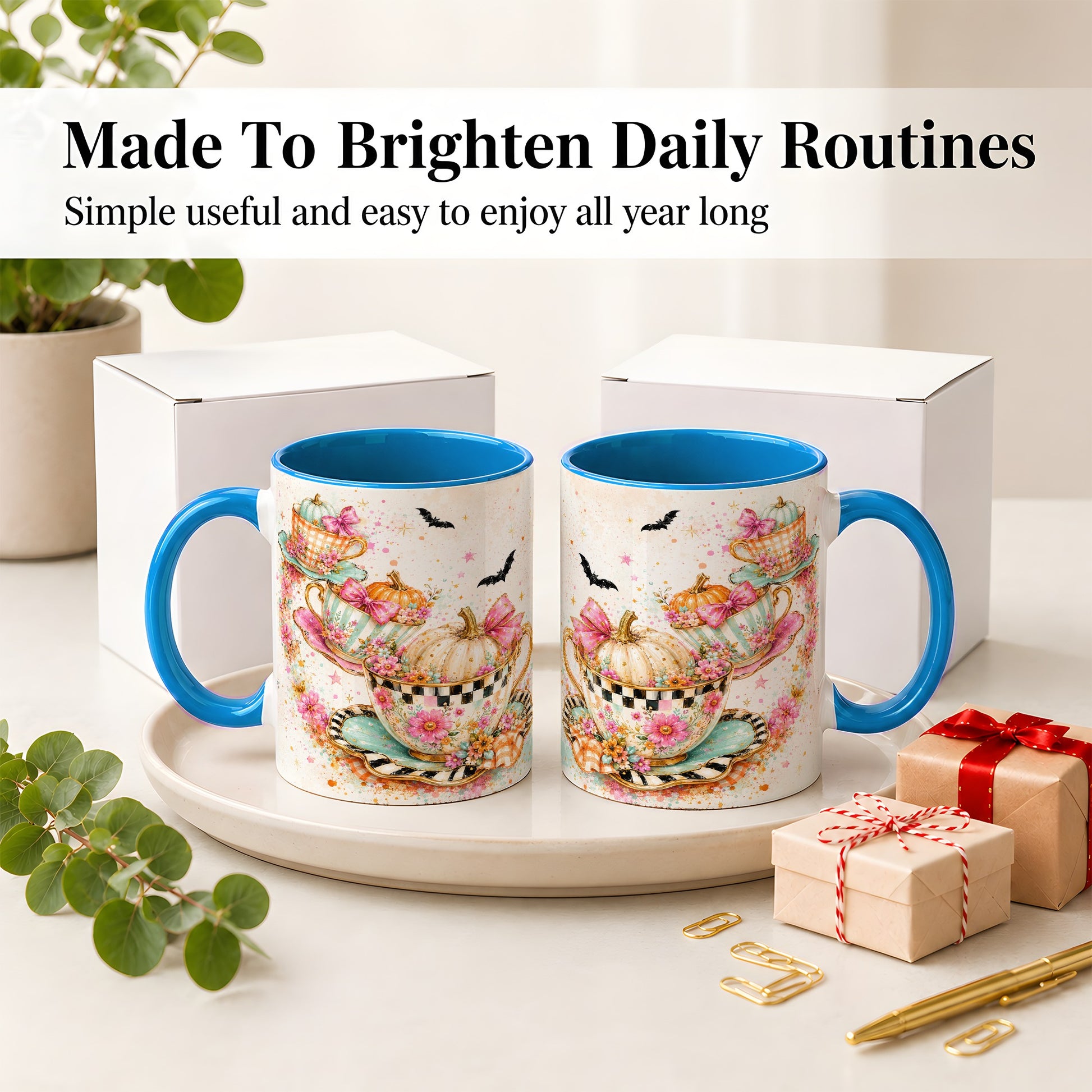 #pl[11oz|Blue] Pumpkin Tea Cup Ceramic Coffee Cup, Mug with Floral Bow Artwork