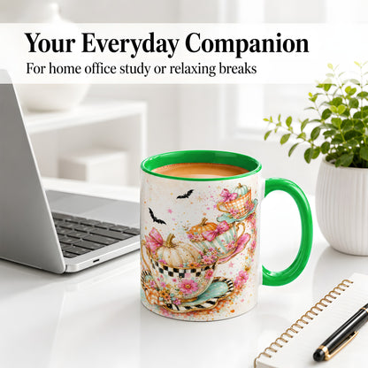 #pl[11oz|Green] Pumpkin Tea Cup Ceramic Coffee Cup, Mug with Floral Bow Artwork
