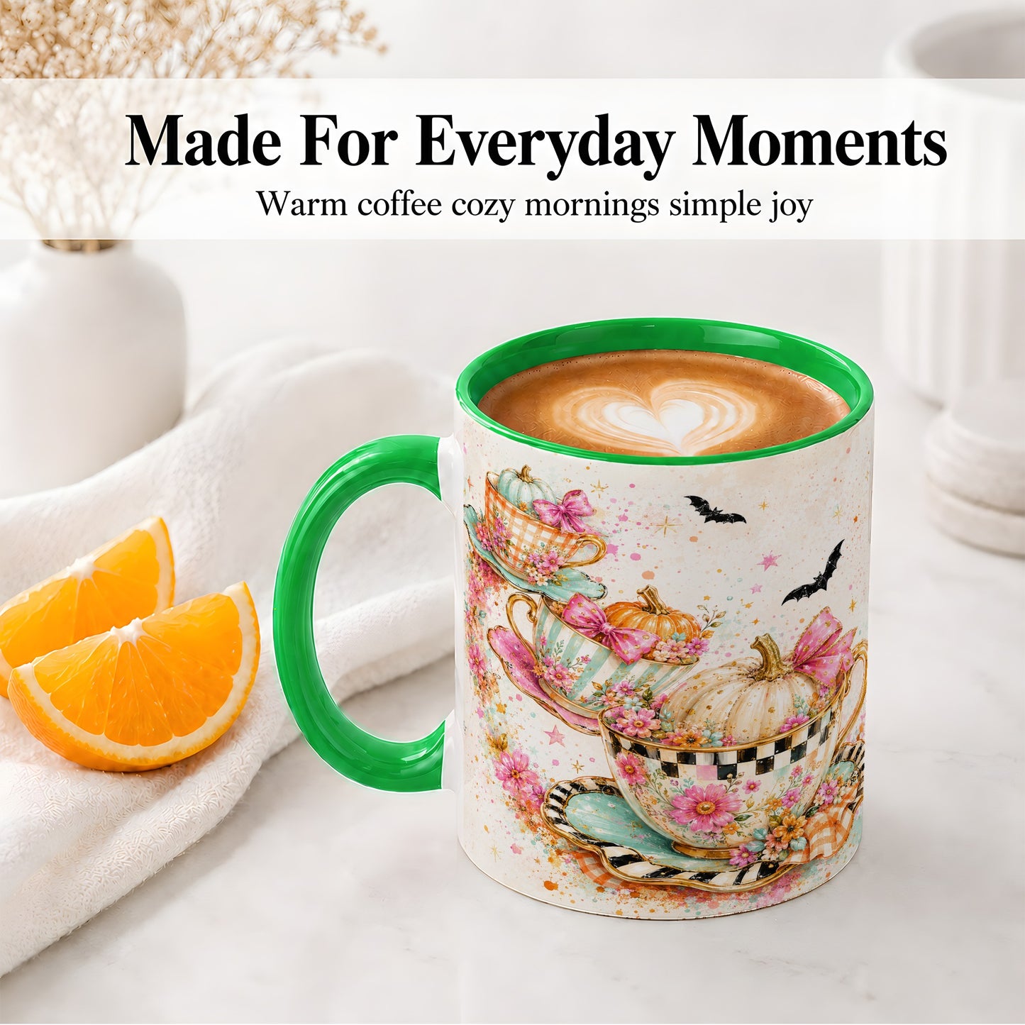 #pl[11oz|Green] Pumpkin Tea Cup Ceramic Coffee Cup, Mug with Floral Bow Artwork