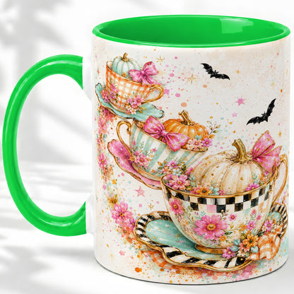 #pl[11oz|Green] Pumpkin Tea Cup Ceramic Coffee Cup, Mug with Floral Bow Artwork