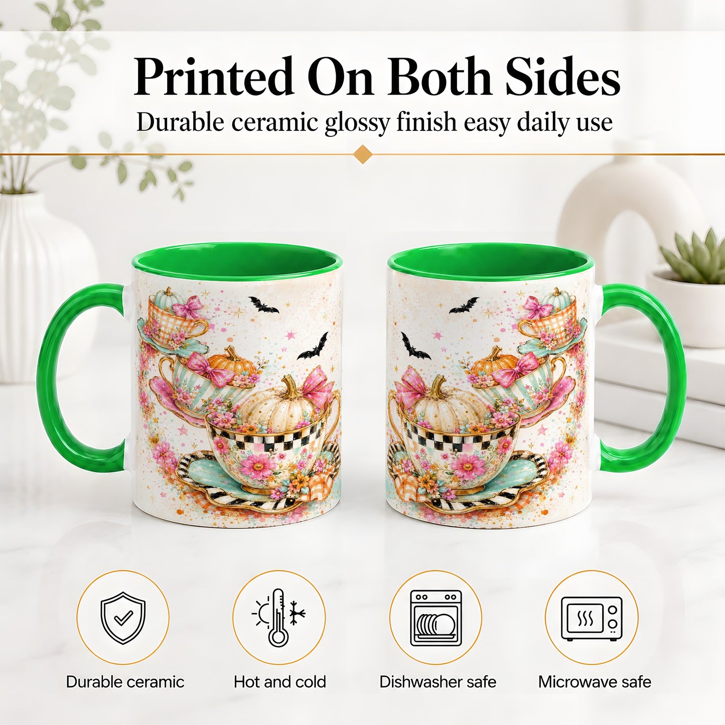 #pl[11oz|Green] Pumpkin Tea Cup Ceramic Coffee Cup, Mug with Floral Bow Artwork
