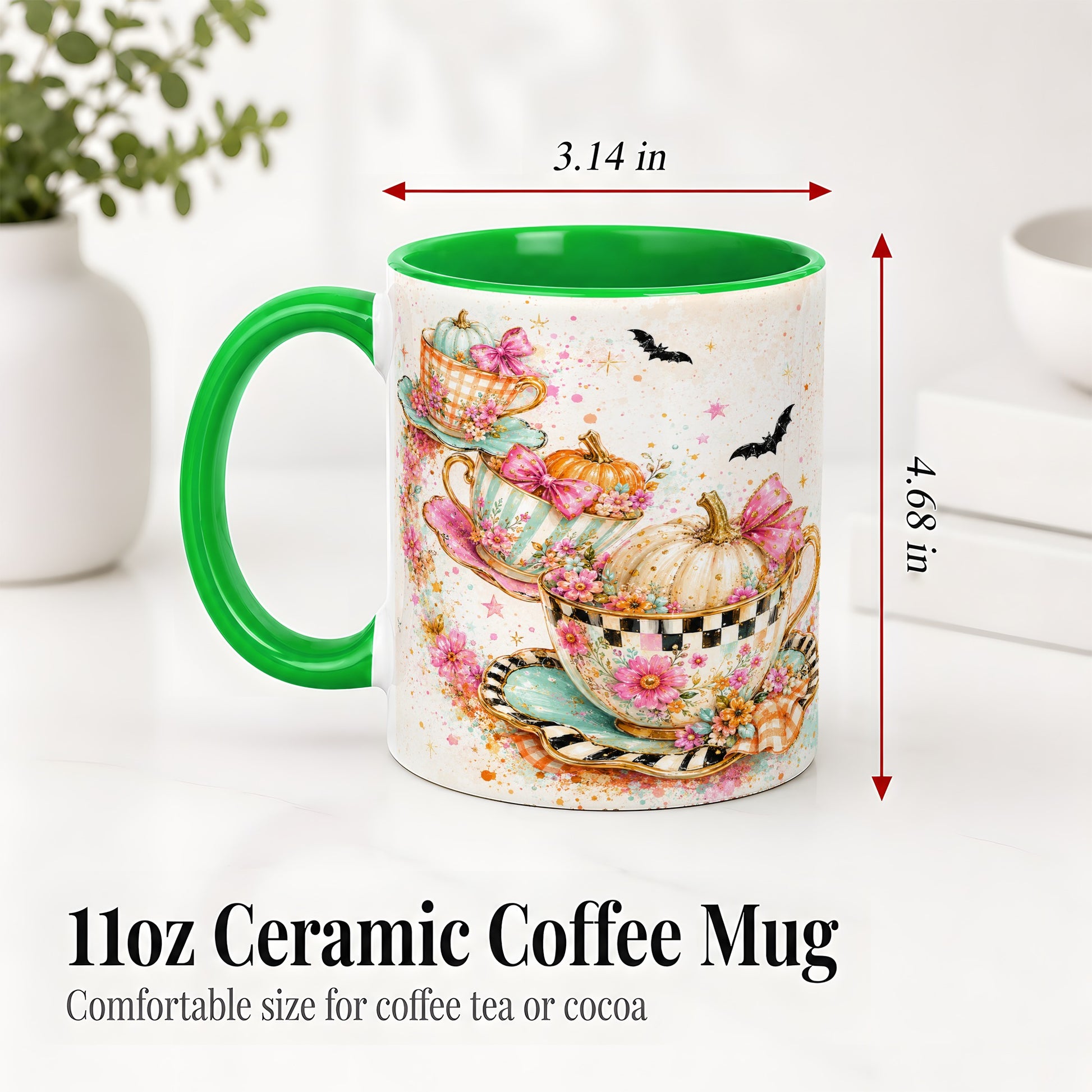 #pl[11oz|Green] Pumpkin Tea Cup Ceramic Coffee Cup, Mug with Floral Bow Artwork