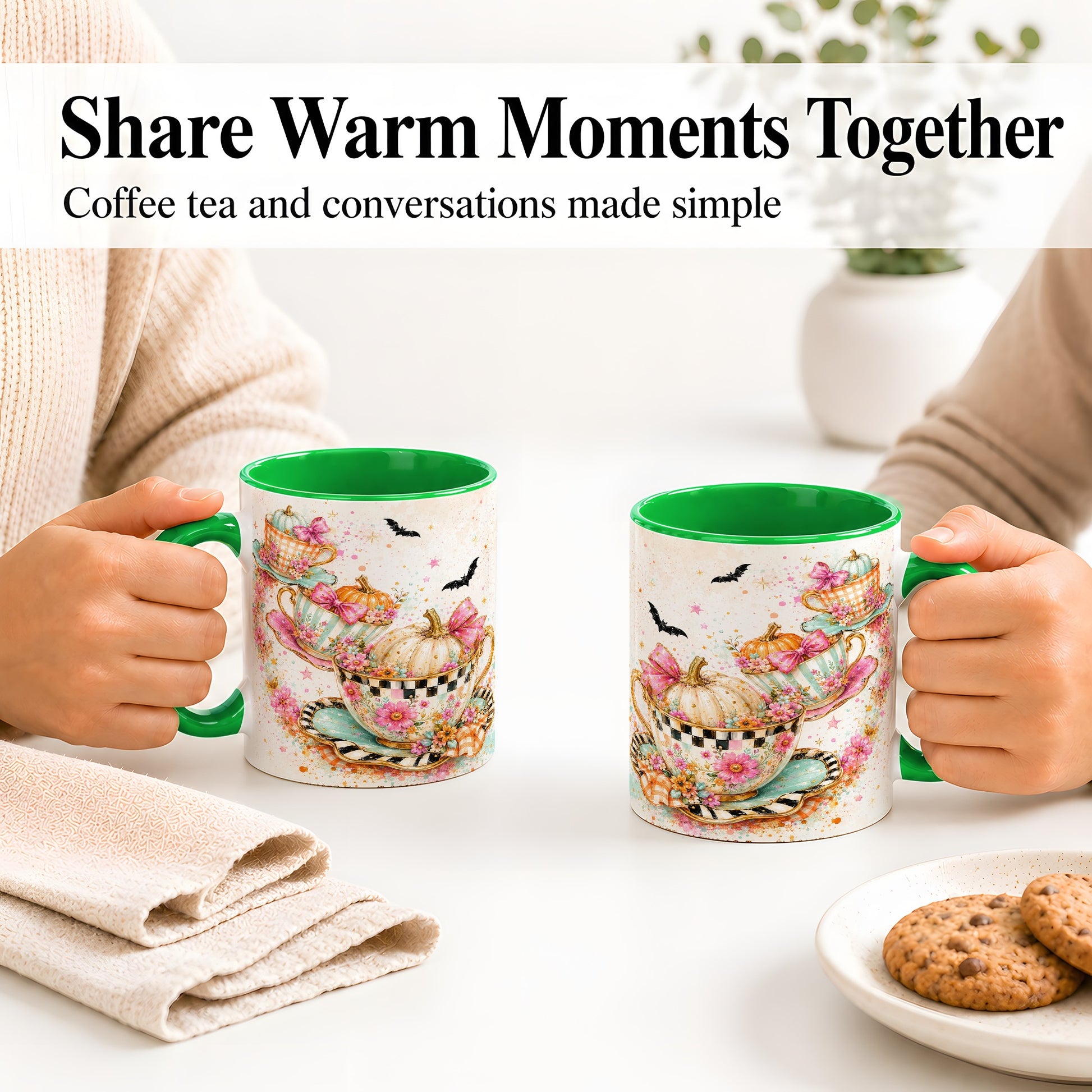 #pl[11oz|Green] Pumpkin Tea Cup Ceramic Coffee Cup, Mug with Floral Bow Artwork