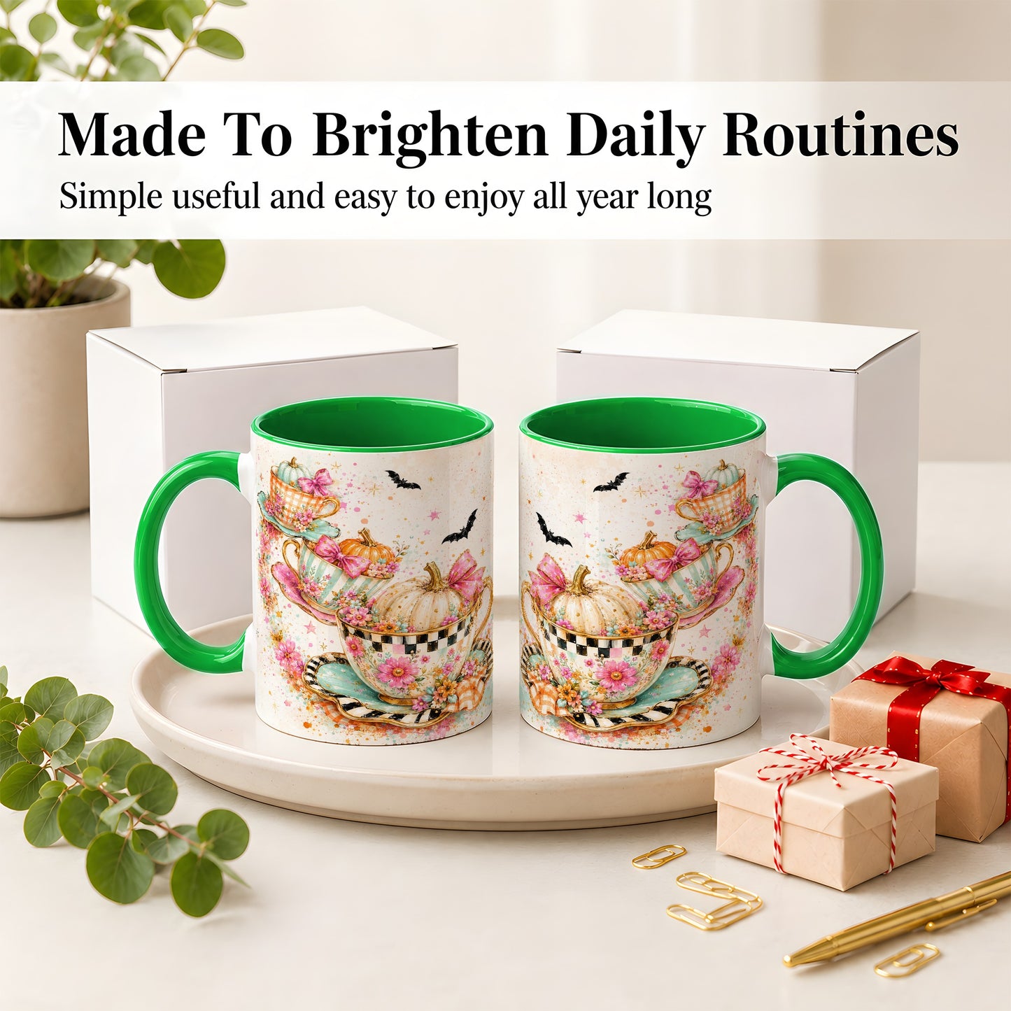 #pl[11oz|Green] Pumpkin Tea Cup Ceramic Coffee Cup, Mug with Floral Bow Artwork
