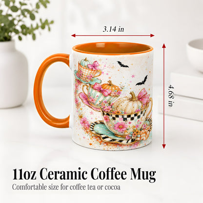 #pl[11oz|Orange] Pumpkin Tea Cup Ceramic Coffee Cup, Mug with Floral Bow Artwork