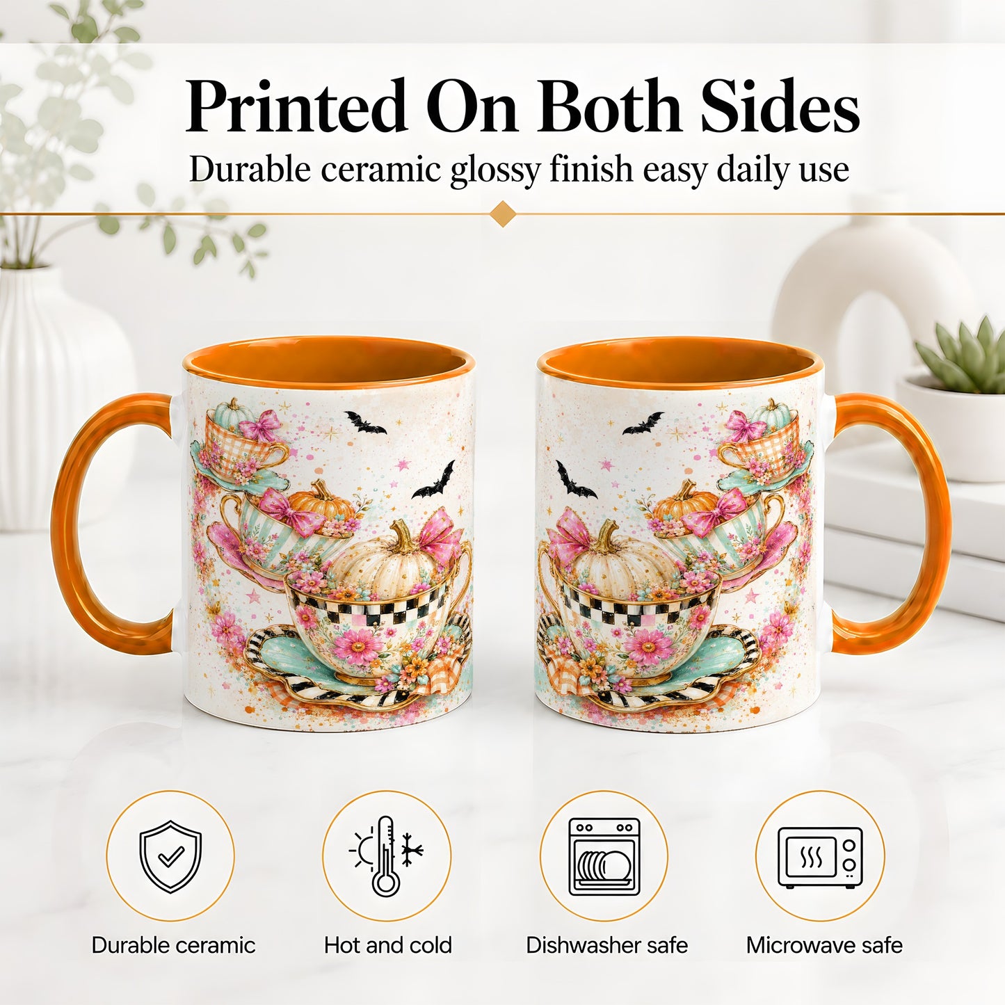 #pl[11oz|Orange] Pumpkin Tea Cup Ceramic Coffee Cup, Mug with Floral Bow Artwork