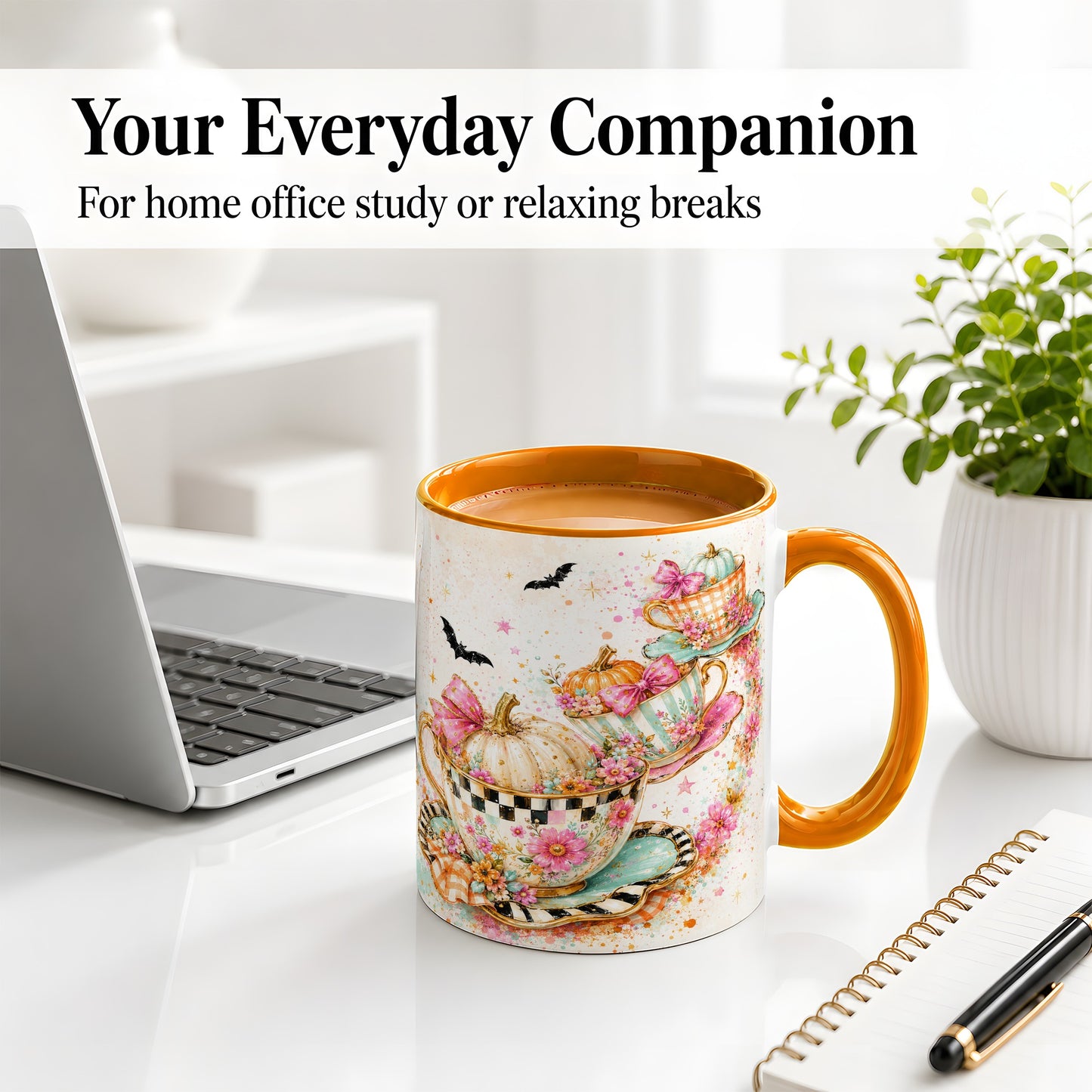 #pl[11oz|Orange] Pumpkin Tea Cup Ceramic Coffee Cup, Mug with Floral Bow Artwork
