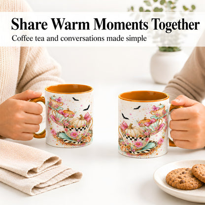 #pl[11oz|Orange] Pumpkin Tea Cup Ceramic Coffee Cup, Mug with Floral Bow Artwork