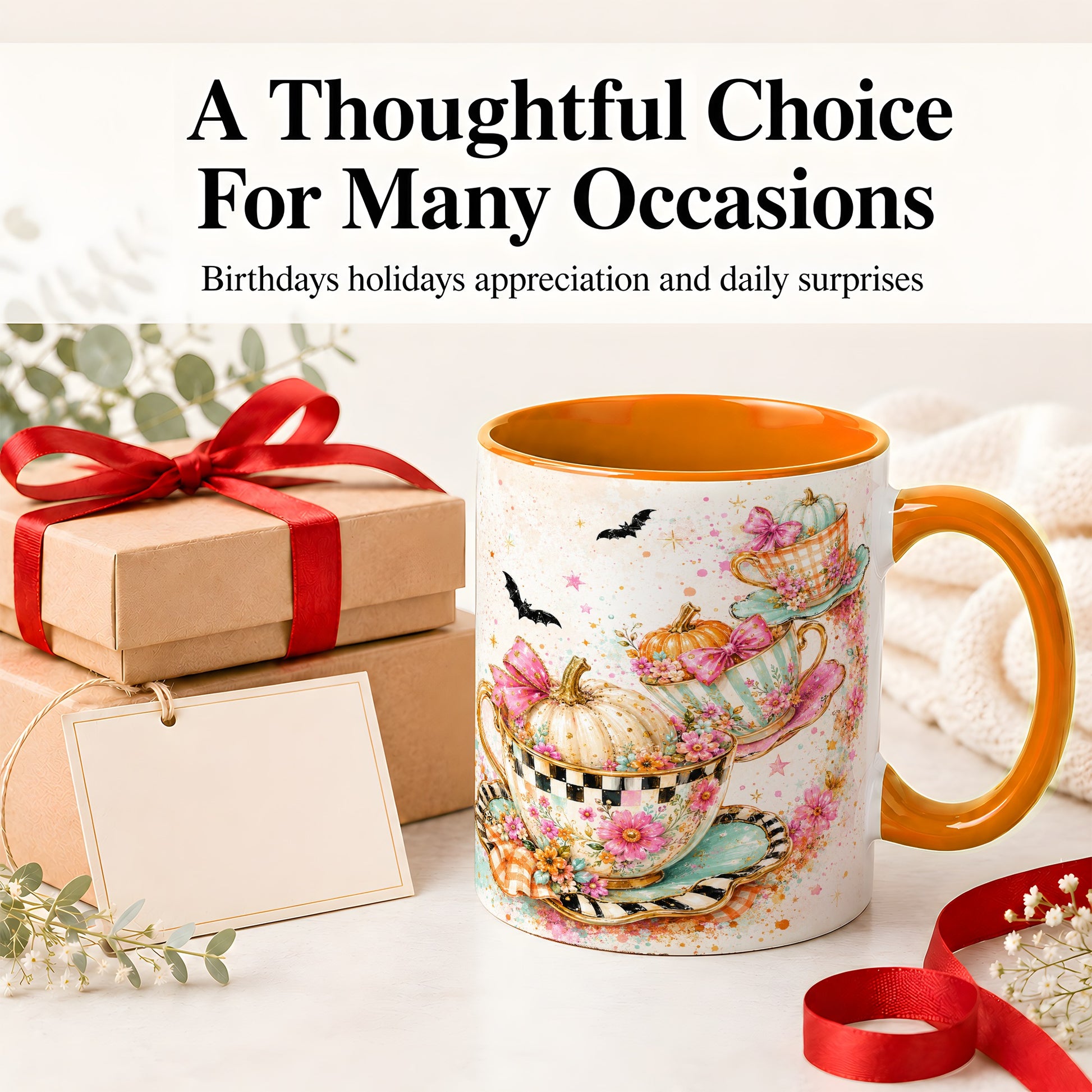 #pl[11oz|Orange] Pumpkin Tea Cup Ceramic Coffee Cup, Mug with Floral Bow Artwork