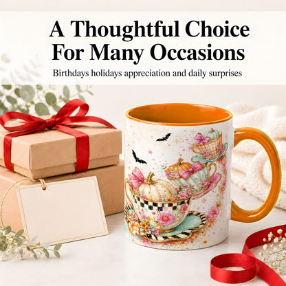 #pl[11oz|Orange] Pumpkin Tea Cup Ceramic Coffee Cup, Mug with Floral Bow Artwork