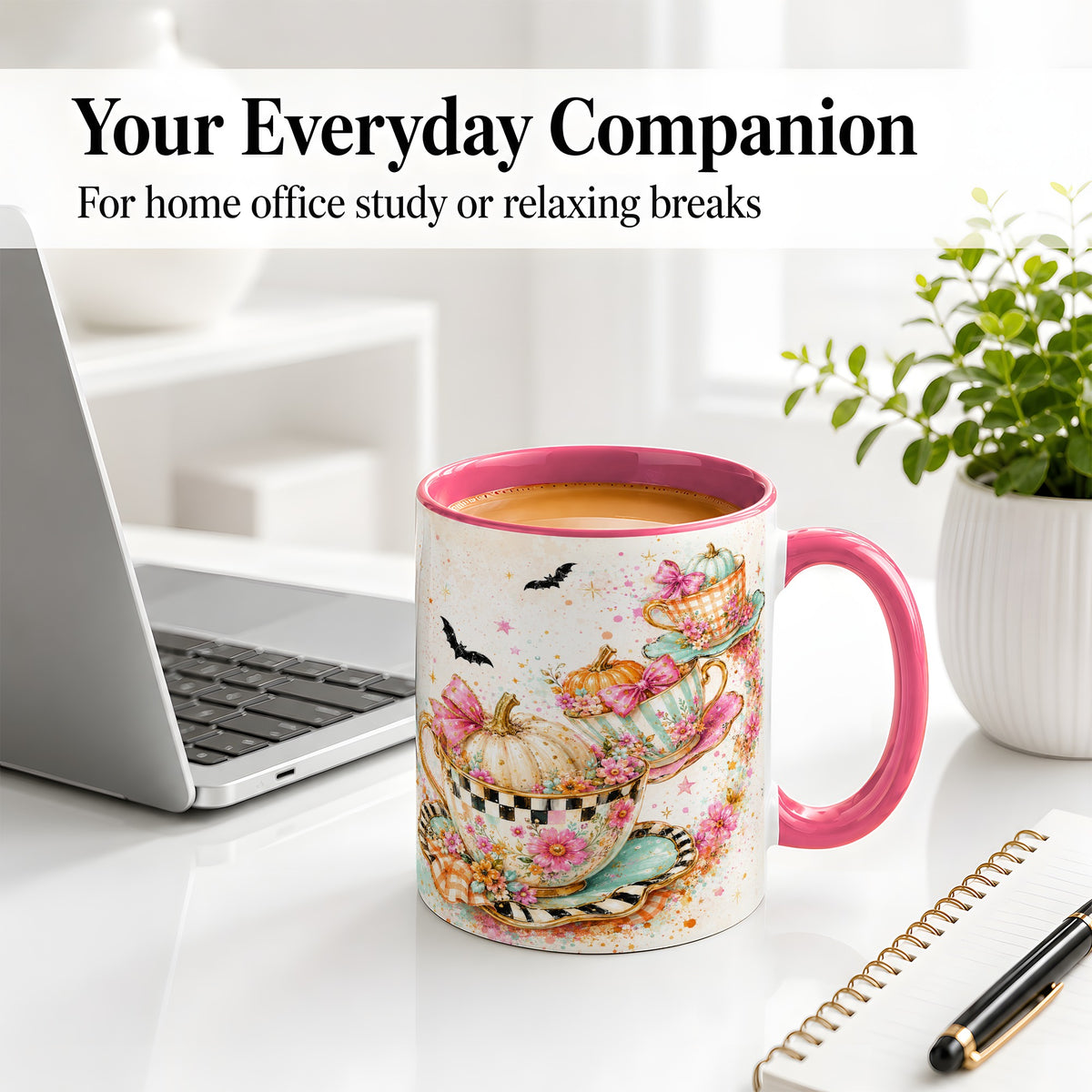#pl[11oz|Pink] Pumpkin Tea Cup Ceramic Coffee Cup, Mug with Floral Bow Artwork