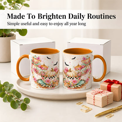 #pl[11oz|Orange] Pumpkin Tea Cup Ceramic Coffee Cup, Mug with Floral Bow Artwork