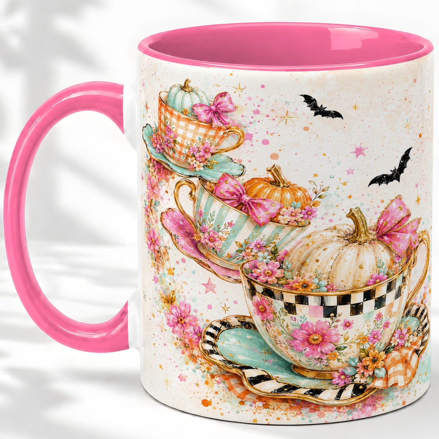 #pl[11oz|Pink] Pumpkin Tea Cup Ceramic Coffee Cup, Mug with Floral Bow Artwork