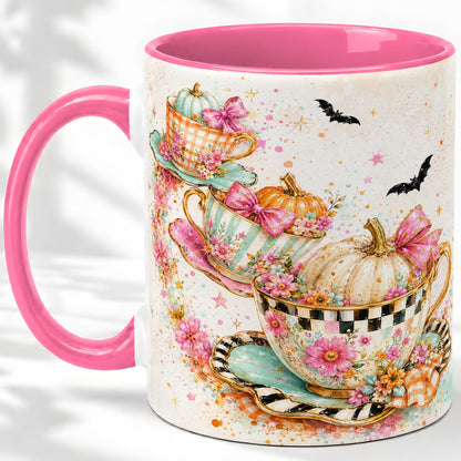 #pl[11oz|Pink] Pumpkin Tea Cup Ceramic Coffee Cup, Mug with Floral Bow Artwork
