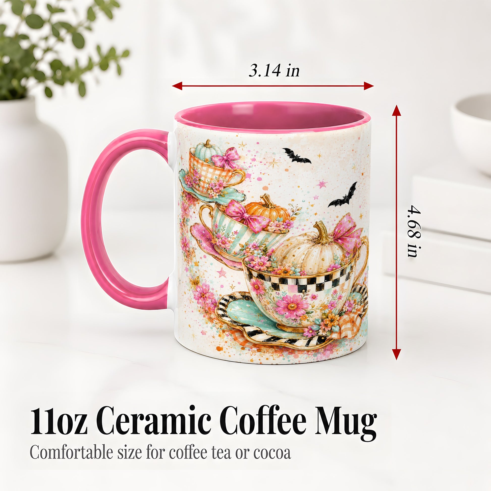 #pl[11oz|Pink] Pumpkin Tea Cup Ceramic Coffee Cup, Mug with Floral Bow Artwork