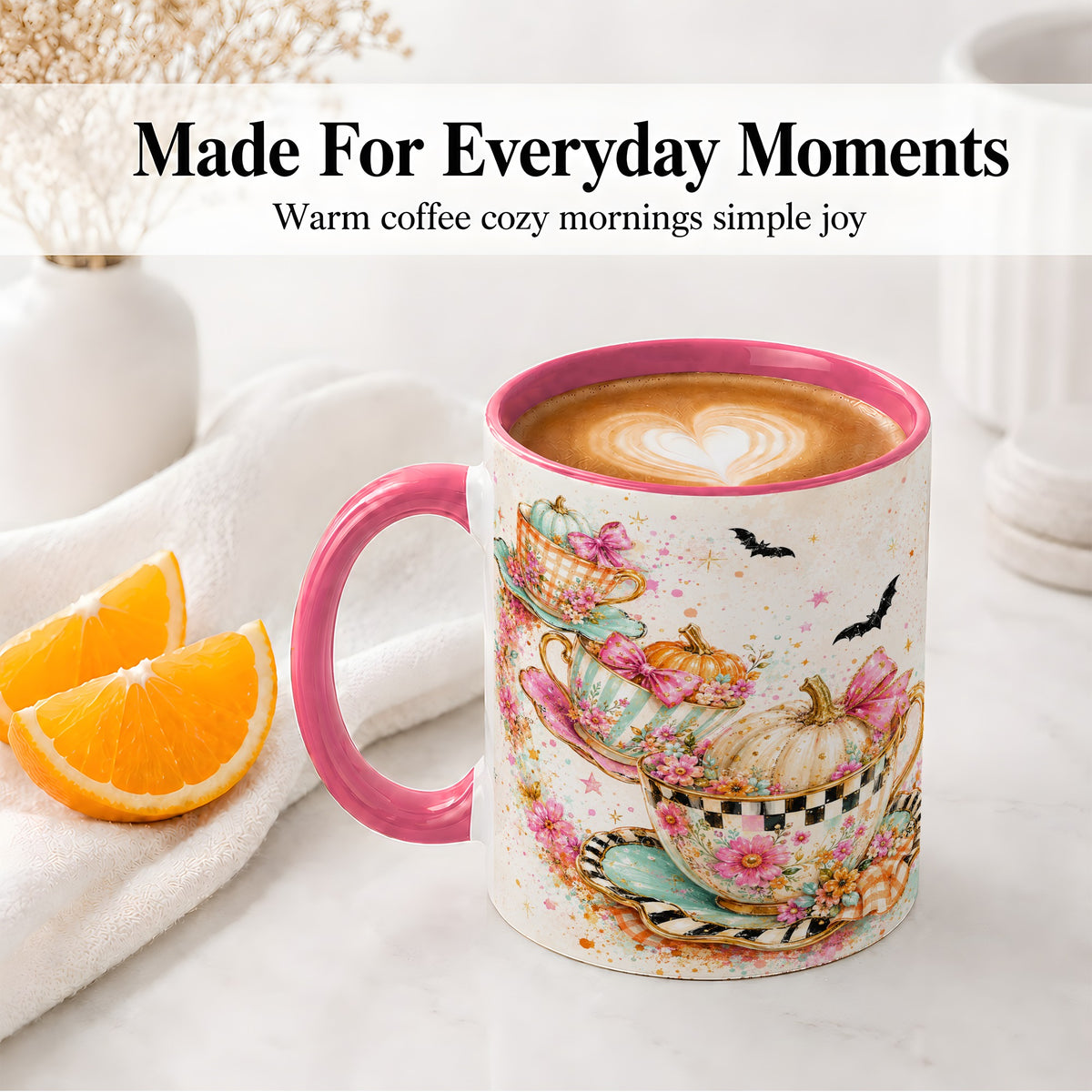 #pl[11oz|Pink] Pumpkin Tea Cup Ceramic Coffee Cup, Mug with Floral Bow Artwork